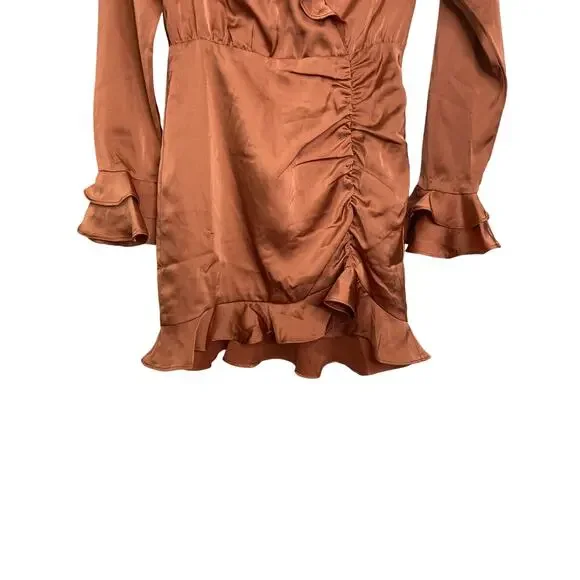 MAJORELLE Nelly Mini Dress Surplice Shirred Ruffle Detail Terracotta Brown Small